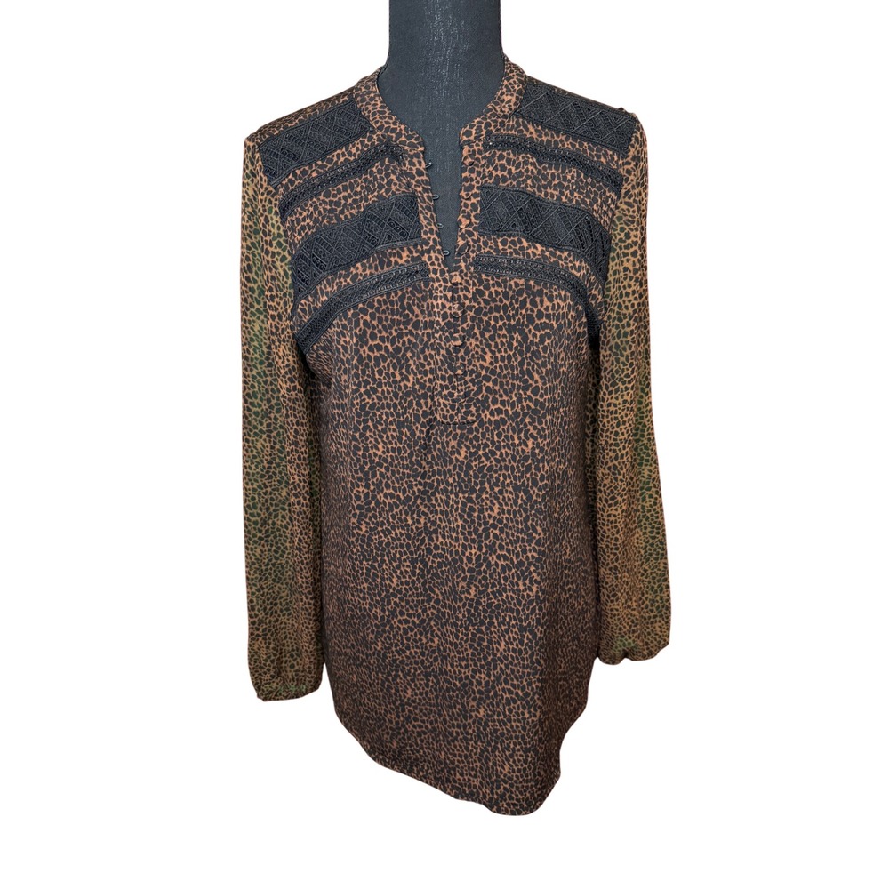 White House Black Market Leopard Print Lace Accent Tunic Top Brown Black Medium